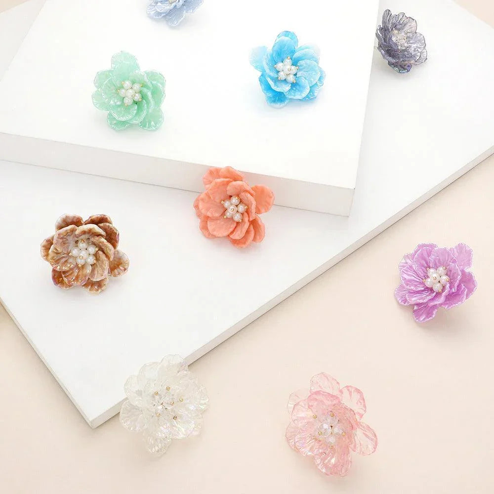 Blue Pearl Centered Resin Flower Earrings - Jewelry Store by Erik Rayo