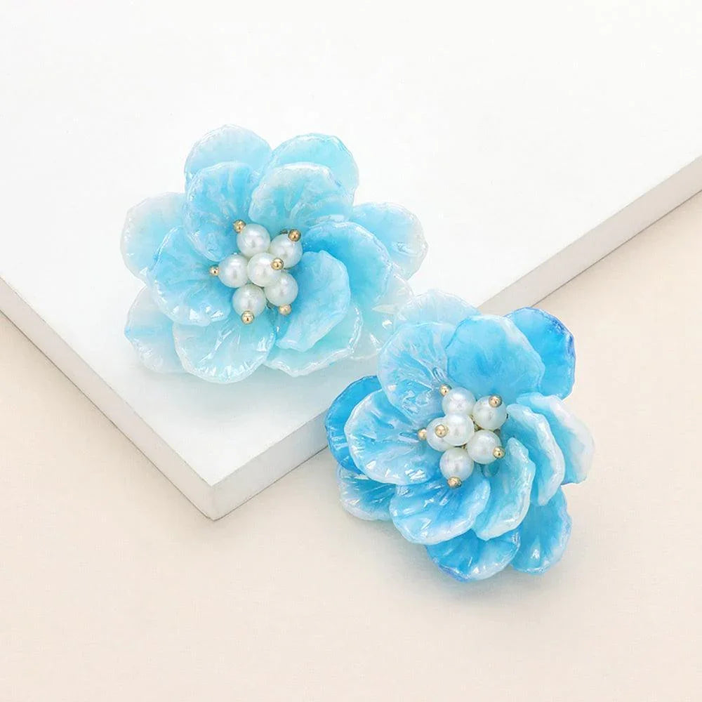 Blue Pearl Centered Resin Flower Earrings - Jewelry Store by Erik Rayo
