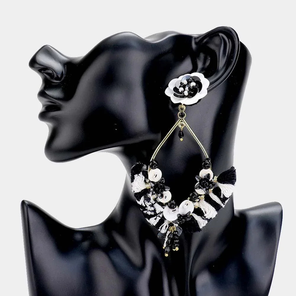 Black Floral Sequin Beaded Tassel Earrings - Jewelry Store by Erik Rayo