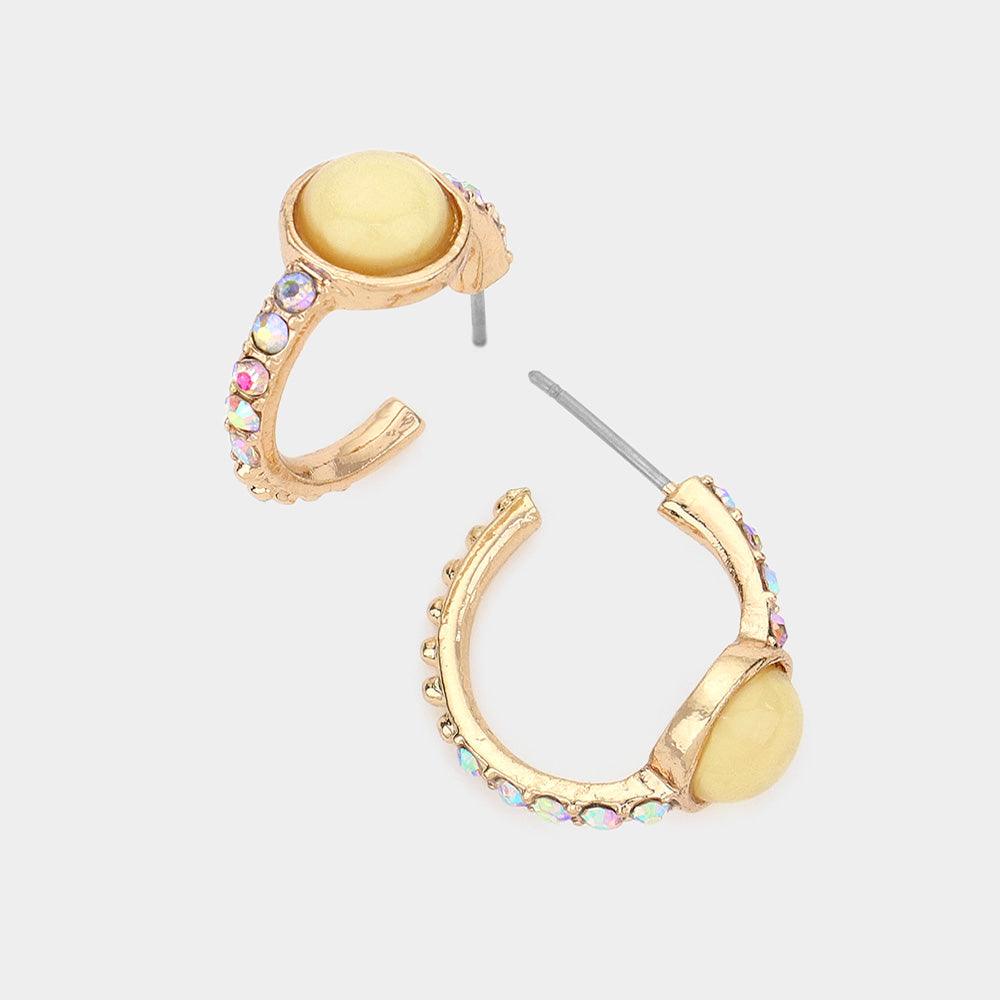 Yellow Round Stone Accented Rhinestone Embellished Hoop Earrings