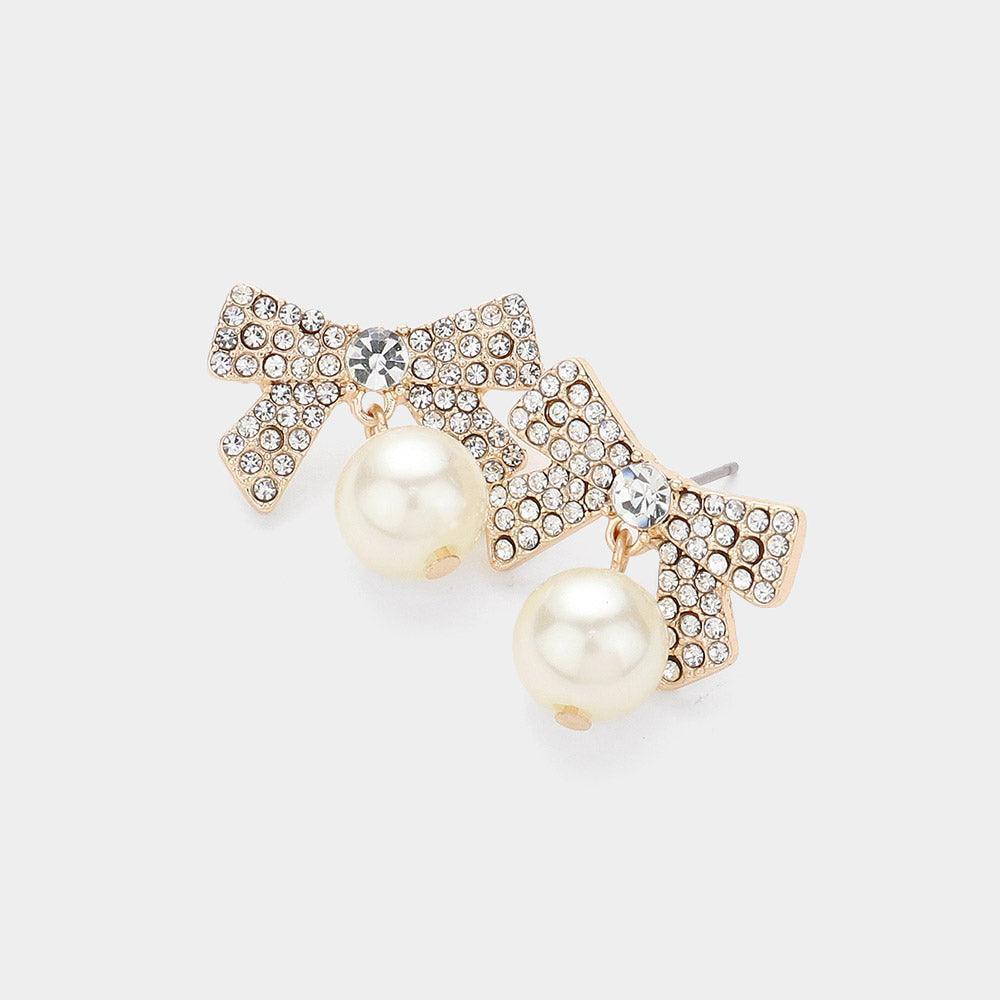 Cream Rhinestone Paved Bow Pearl Dangle Earrings