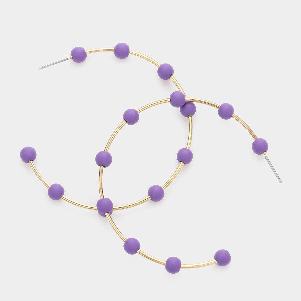 Purple Matte Bead Ball Station Hoop Earrings