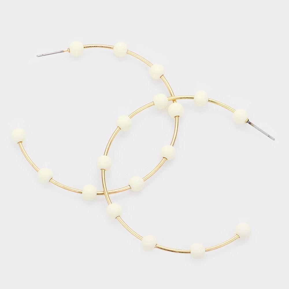 White Matte Bead Ball Station Hoop Earrings