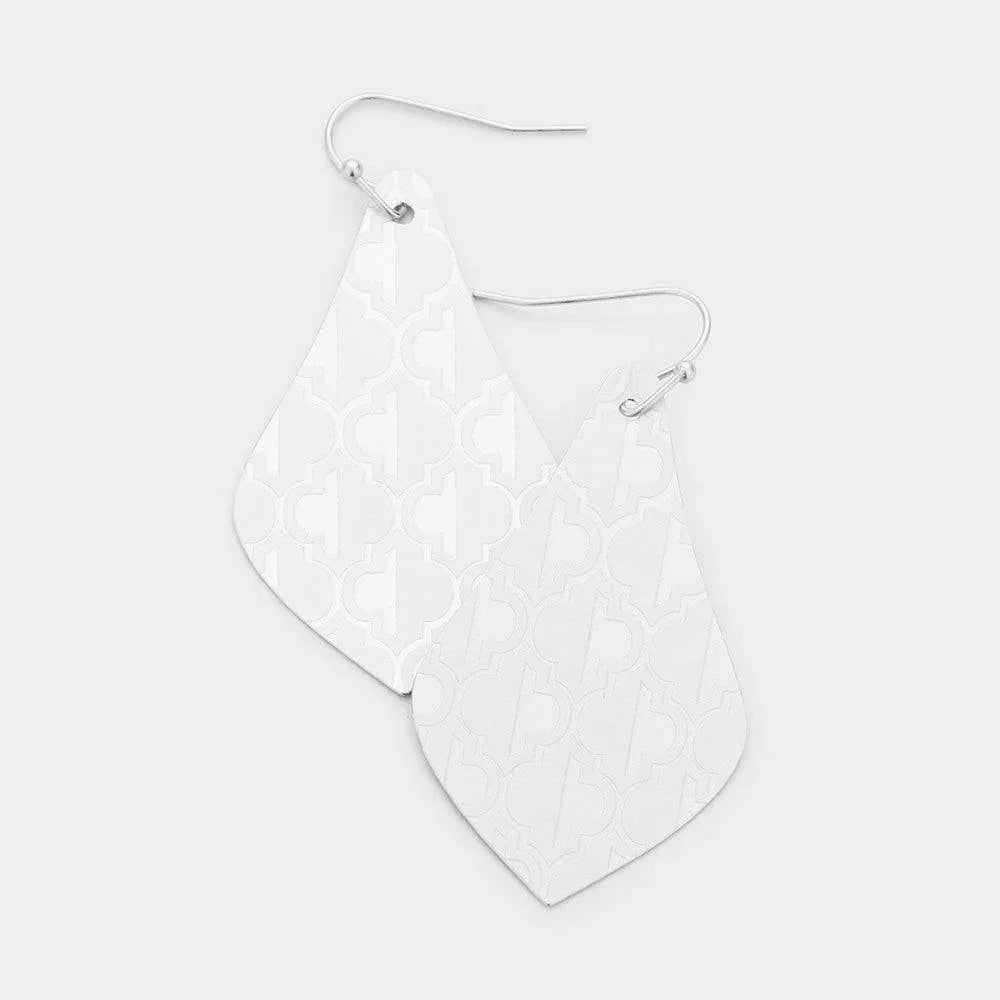 White Abstract Pattern Metal Petal Dangle Earrings - Jewelry Store by Erik Rayo