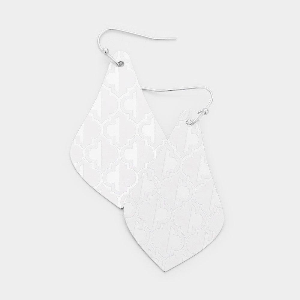 White Abstract Pattern Metal Petal Dangle Earrings