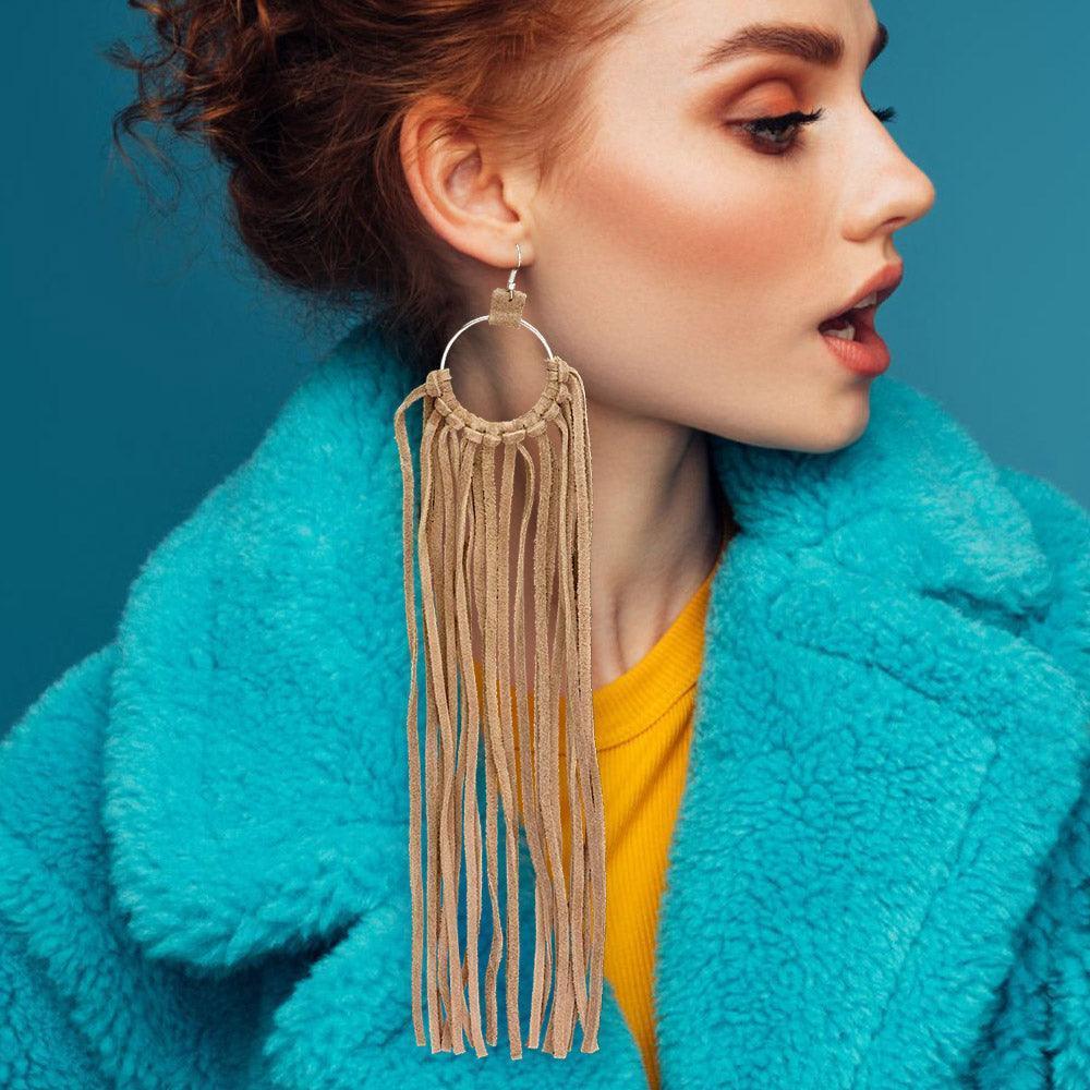Brown Long Dropped Suede Tassel Fringe Dangle Earrings - Jewelry Store by Erik Rayo