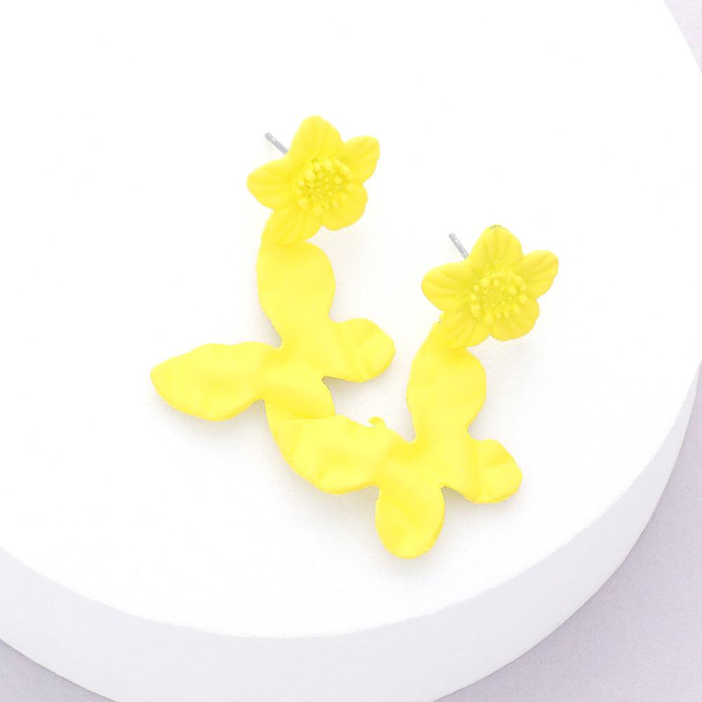 Yellow Crushed Colored Metal Flower Butterfly Link Dangle Earrings