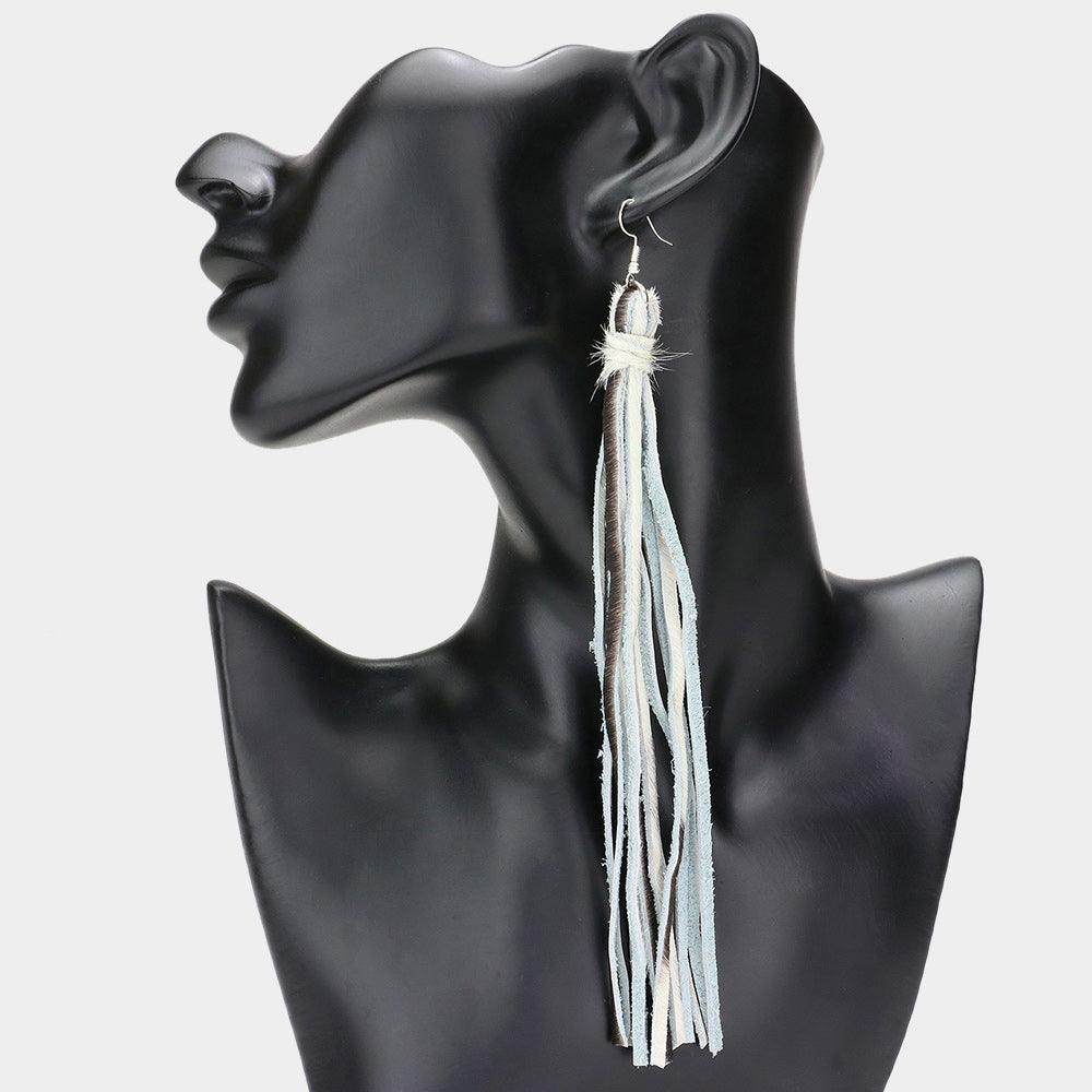 White Genuine Leather Tassel Dangle Earrings