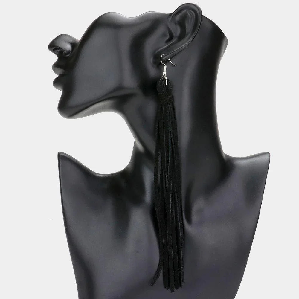 Black Genuine Leather Tassel Dangle Earrings - Jewelry Store by Erik Rayo