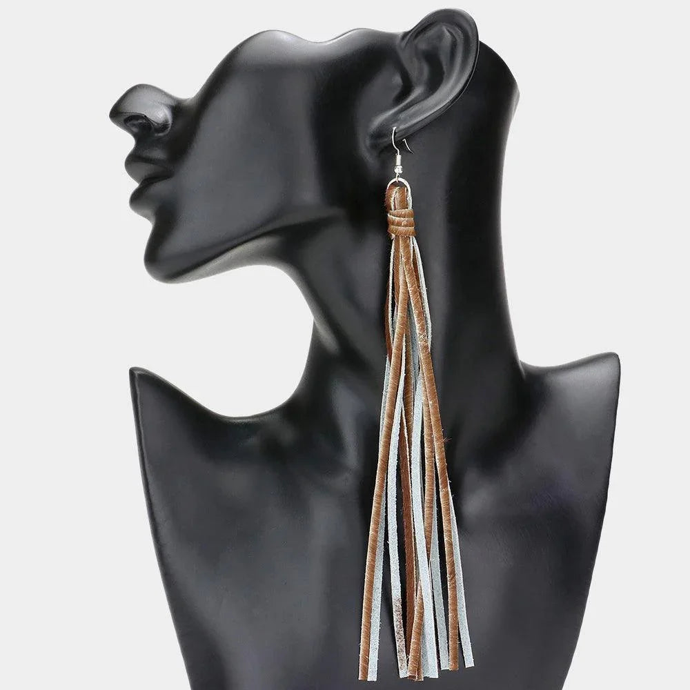 Brown Genuine Leather Tassel Dangle Earrings - Jewelry Store by Erik Rayo
