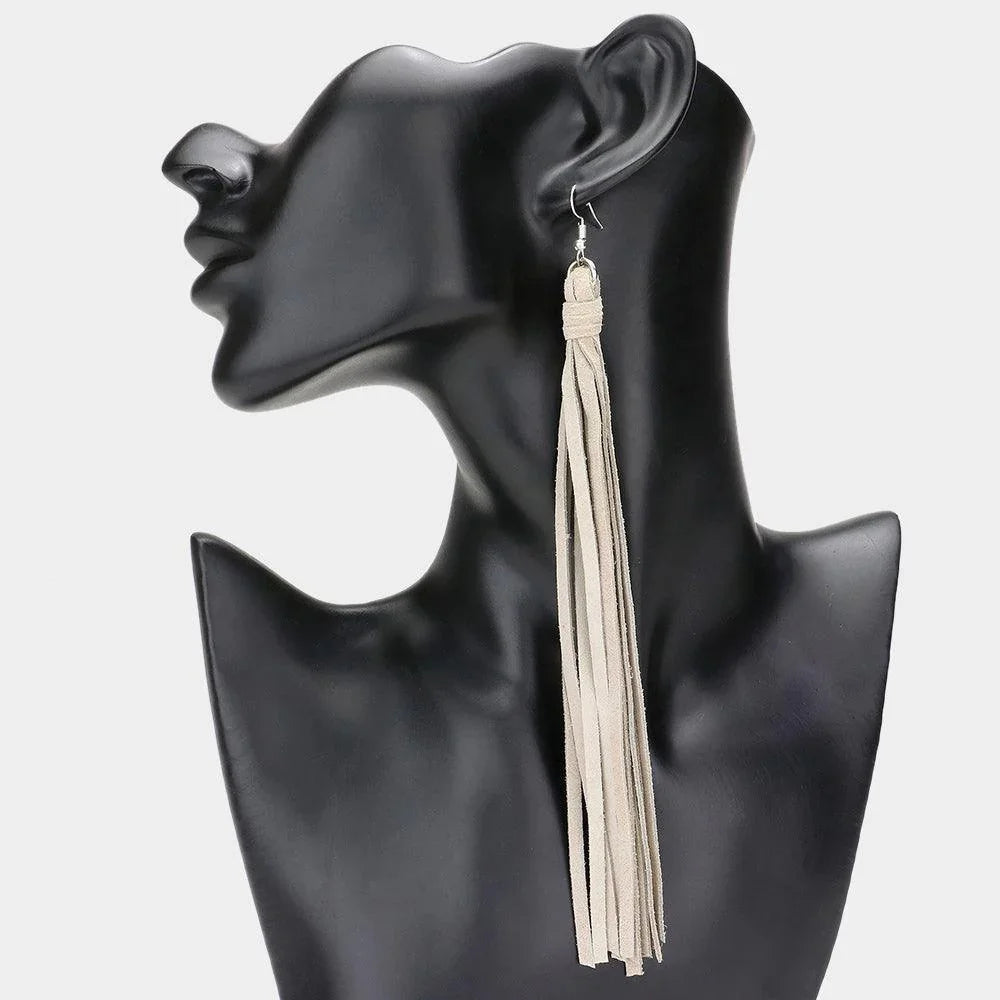Cream Genuine Leather Tassel Dangle Earrings - Jewelry Store by Erik Rayo
