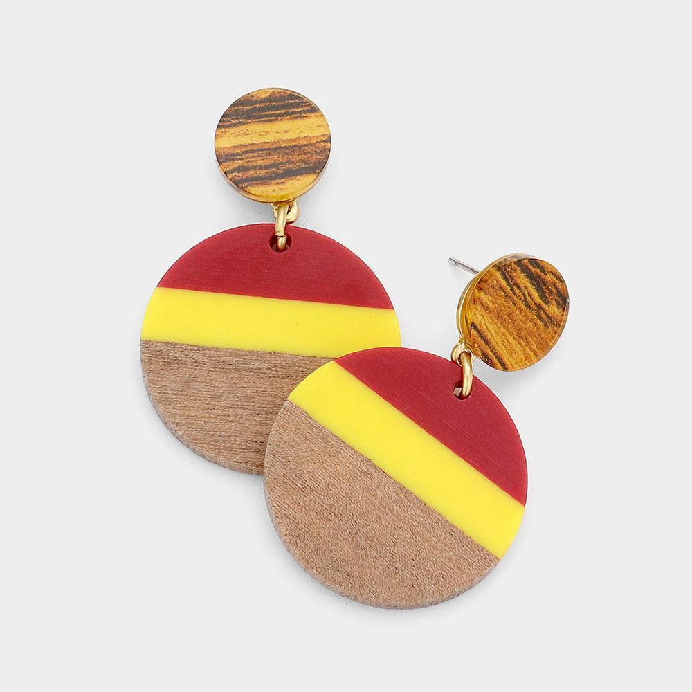 Red Color Block Wood Resin Round Dangle Earrings - Jewelry Store by Erik Rayo