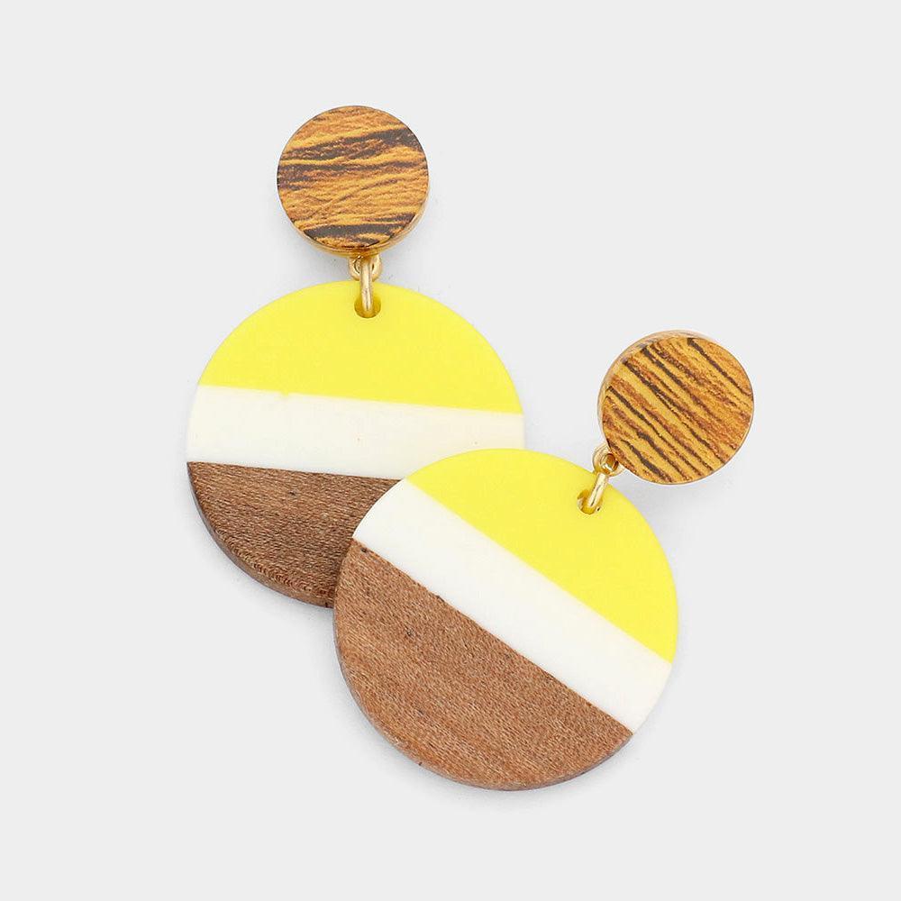 White Color Block Wood Resin Round Dangle Earrings - Jewelry Store by Erik Rayo