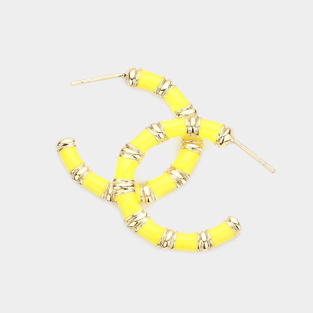 Yellow Enamel Metal Bamboo Hoop Earrings - Jewelry Store by Erik Rayo