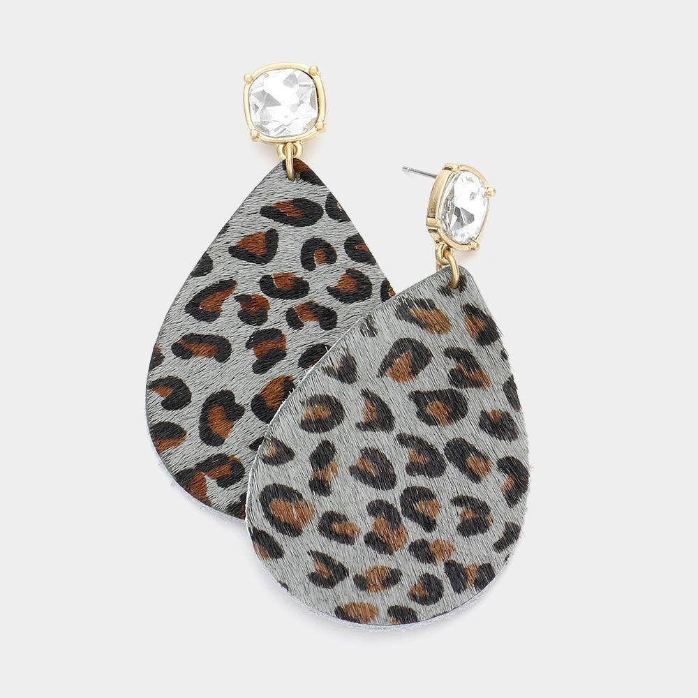 Gray Leopard Patterned Genuine Leather Teardrop Dangle Earrings - Jewelry Store by Erik Rayo
