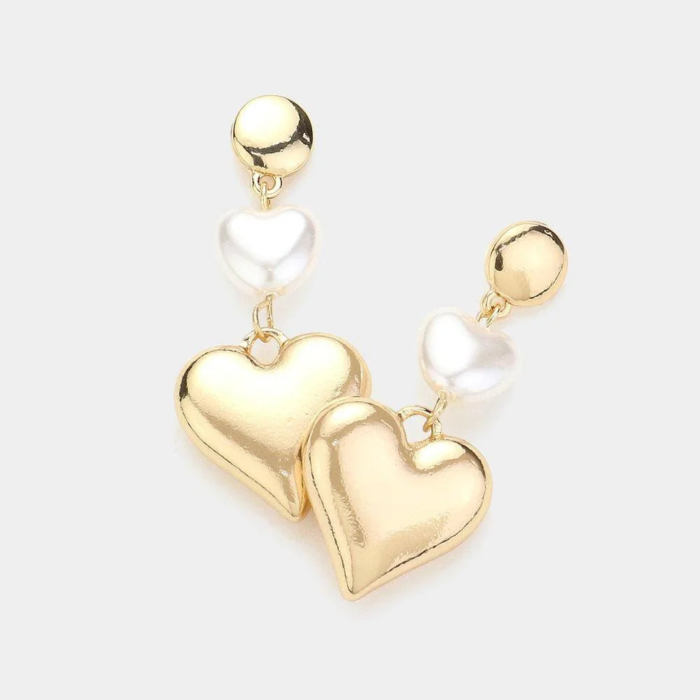 Cream Pearl Pointed Metal Heart Dangle Earrings - Jewelry Store by Erik Rayo