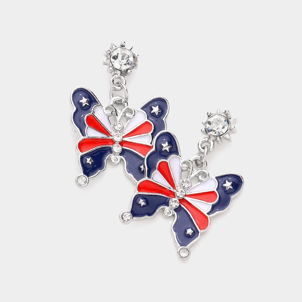 American USA Flag Enamel Butterfly Dangle Earrings - Jewelry Store by Erik Rayo