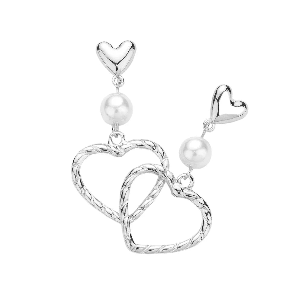 Cream Pearl Pointed Twisted Metal Open Heart Dangle Earrings - Jewelry Store by Erik Rayo