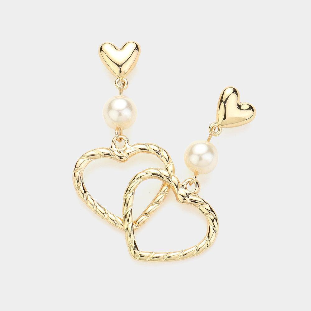 Cream Pearl Pointed Twisted Metal Open Heart Dangle Earrings - Jewelry Store by Erik Rayo