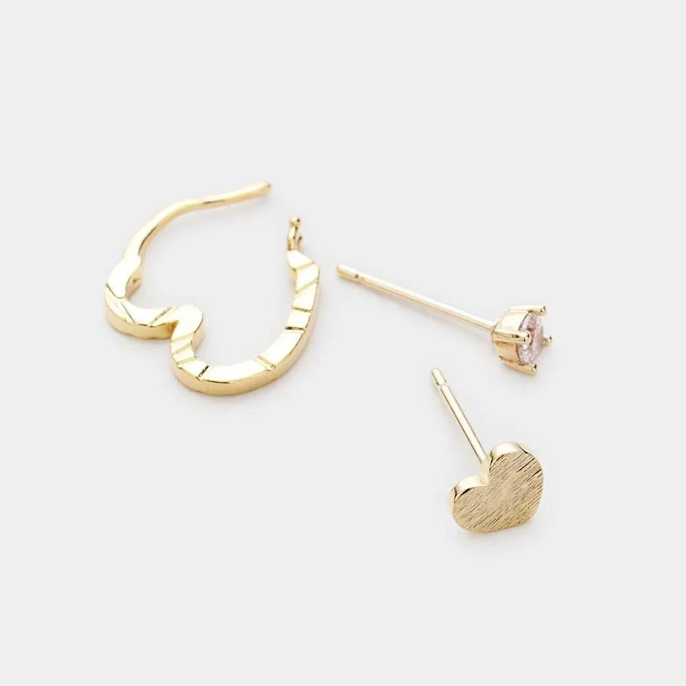 Gold 3Pairs - Brass Metal Heart and Rhinestone Stud Earrings - Jewelry Store by Erik Rayo