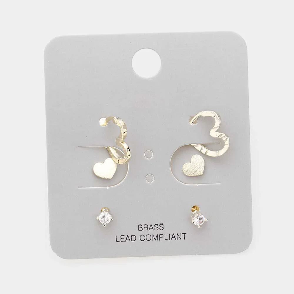 Gold 3Pairs - Brass Metal Heart and Rhinestone Stud Earrings - Jewelry Store by Erik Rayo