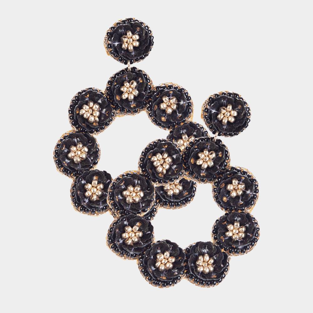 Black Sequin Flower Cluster Dangle Earrings - Jewelry Store by Erik Rayo