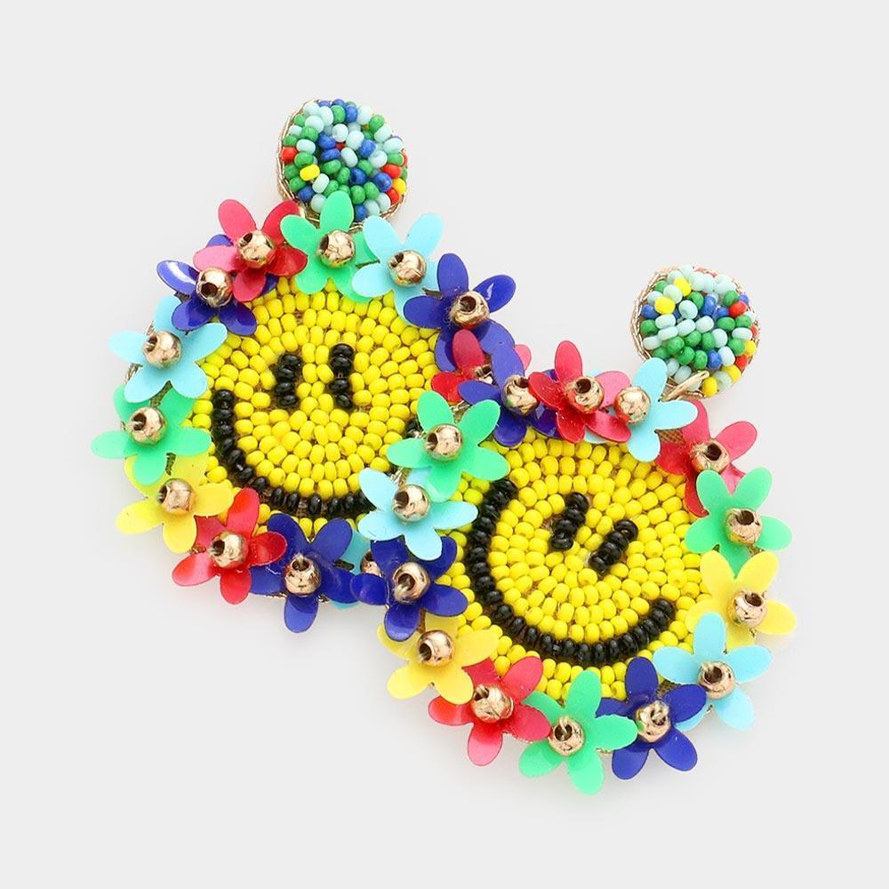 Felt Back Floral Seed Beaded Smile Dangle Earrings - Jewelry Store by Erik Rayo