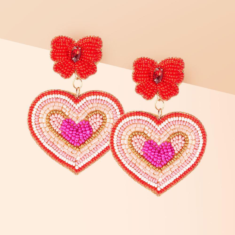 Red Felt Back Seed Beaded Bow Heart Link Dangle Earrings