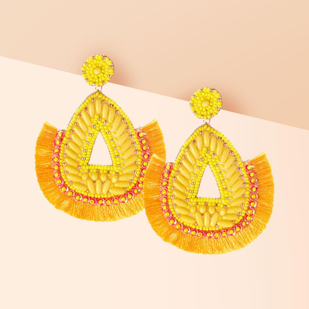 Yellow Felt Back Multi Beaded Teardrop Thread Fringe Dangle Earrings