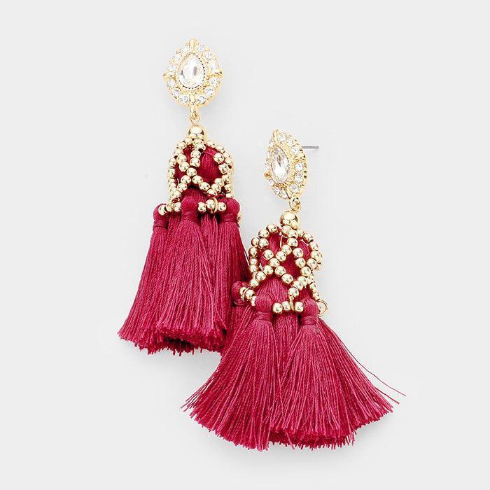 Burgundy Crystal Teardrop Tassel Dangle Earrings - Jewelry Store by Erik Rayo