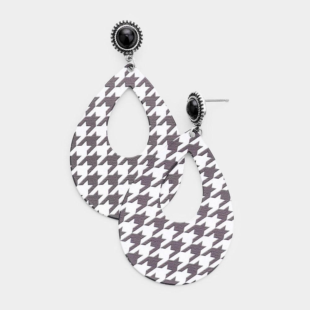 White Houndstooth Check Print Cut Out Metal Teardrop Dangle Earrings - Jewelry Store by Erik Rayo