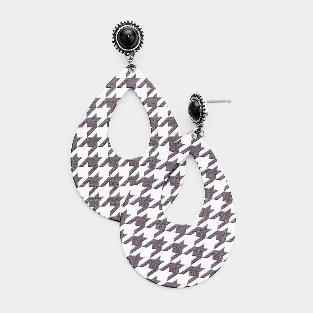 White Houndstooth Check Print Cut Out Metal Teardrop Dangle Earrings