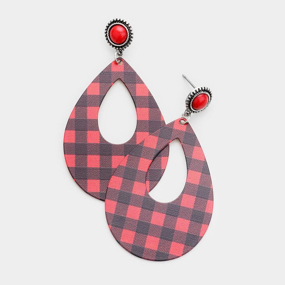 Red Buffalo Check Print Cut Out Metal Teardrop Dangle Earrings - Jewelry Store by Erik Rayo