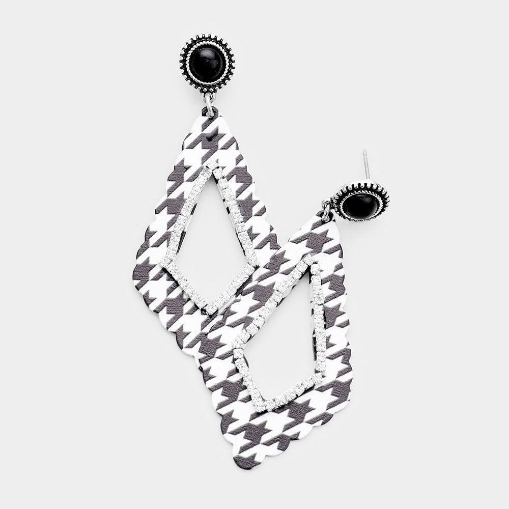 White Houndstooth Check Print Rhinestone Embellished Cut Out Geometric Metal Earrings - Jewelry Store by Erik Rayo