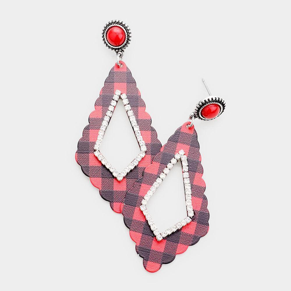 Red Buffalo Check Print Rhinestone Embellished Cut Out Geometric Metal Earrings - Jewelry Store by Erik Rayo