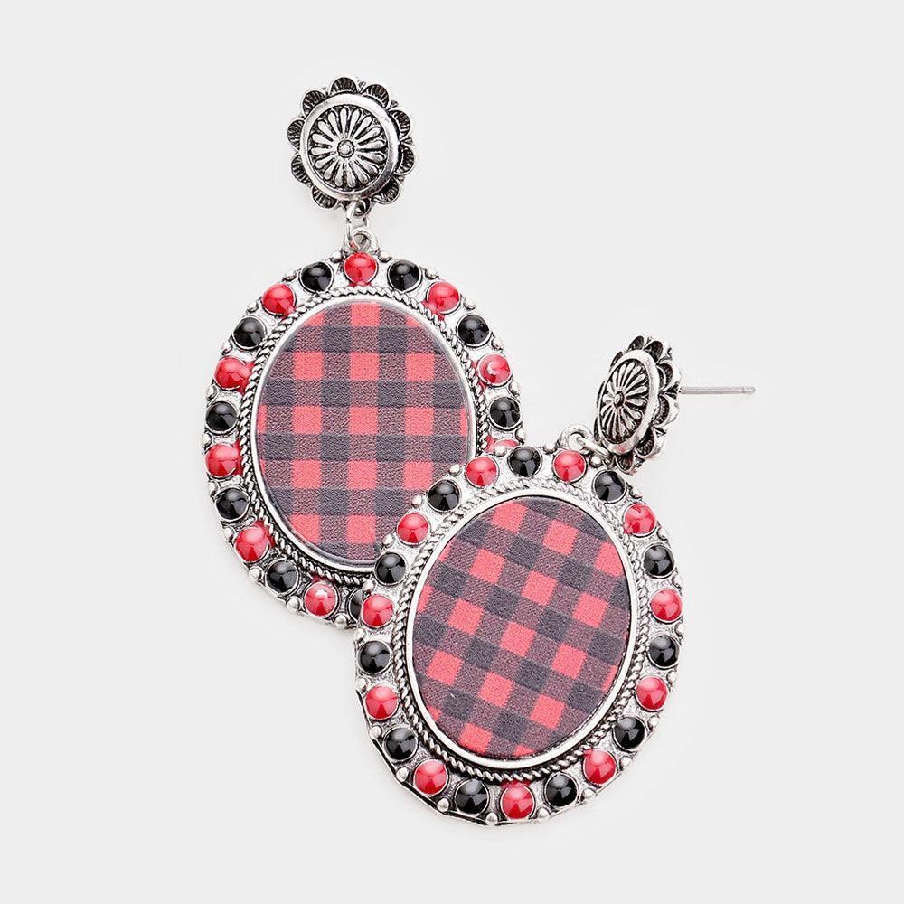 Red Buffalo Check Print Colored Polka Dot Trim Metal Oval Dangle Earrings - Jewelry Store by Erik Rayo