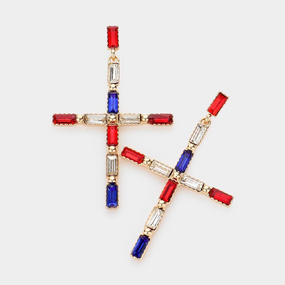 American USA Flag Baguette Stone Cross Dangle Earrings - Jewelry Store by Erik Rayo
