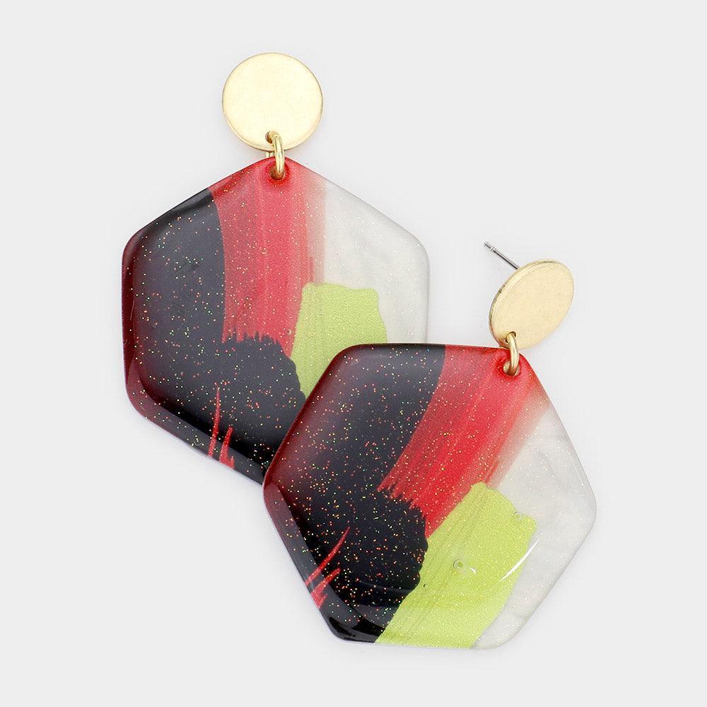 Painted Resin Hexagon Dangle Earrings - Jewelry Store by Erik Rayo