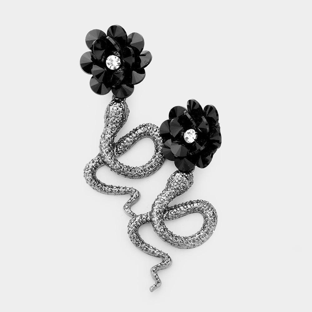 Hematite Crystal Bead Flower Snake Drop Earrings - Jewelry Store by Erik Rayo