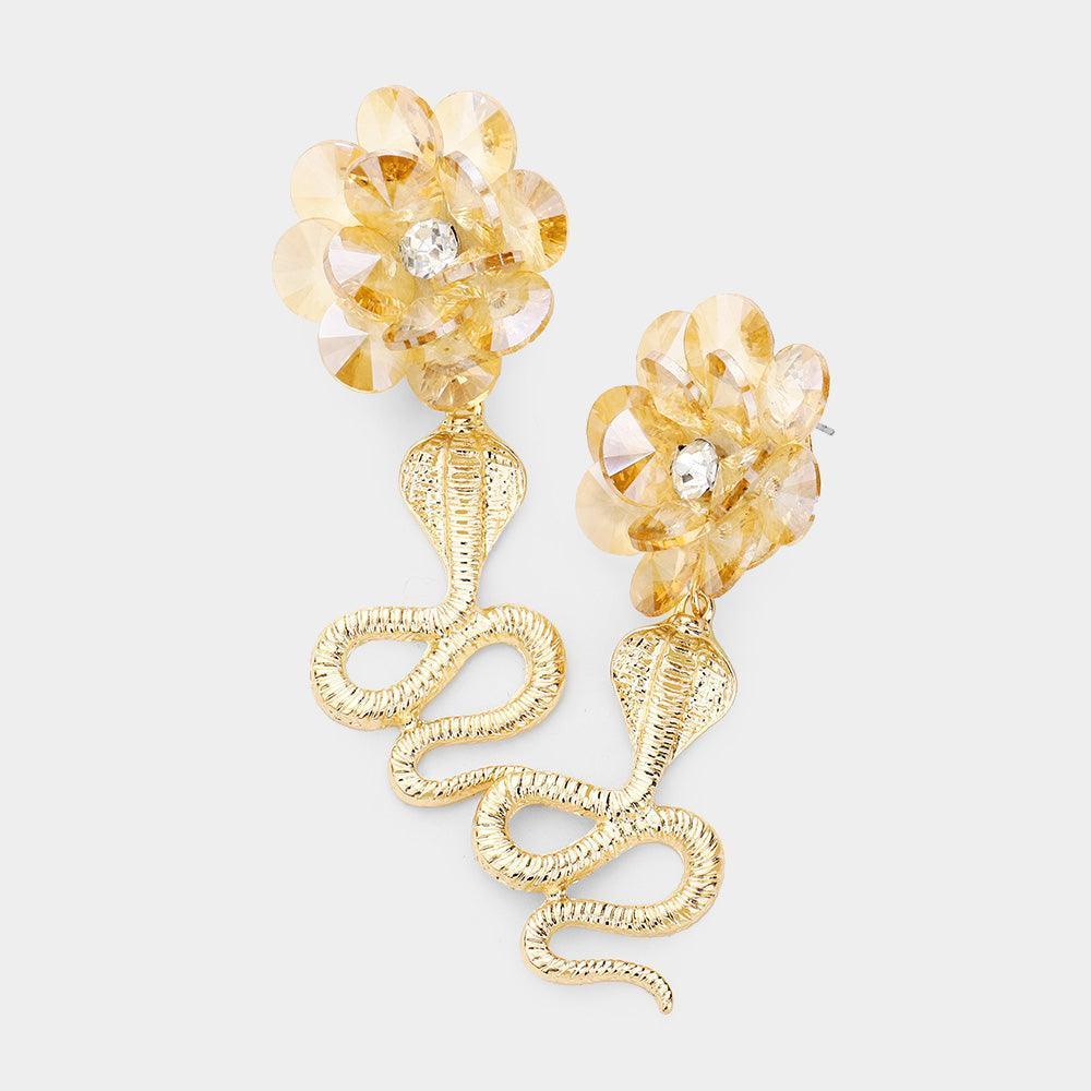 Gold Crystal Bead Flower Snake Drop Earrings - Jewelry Store by Erik Rayo