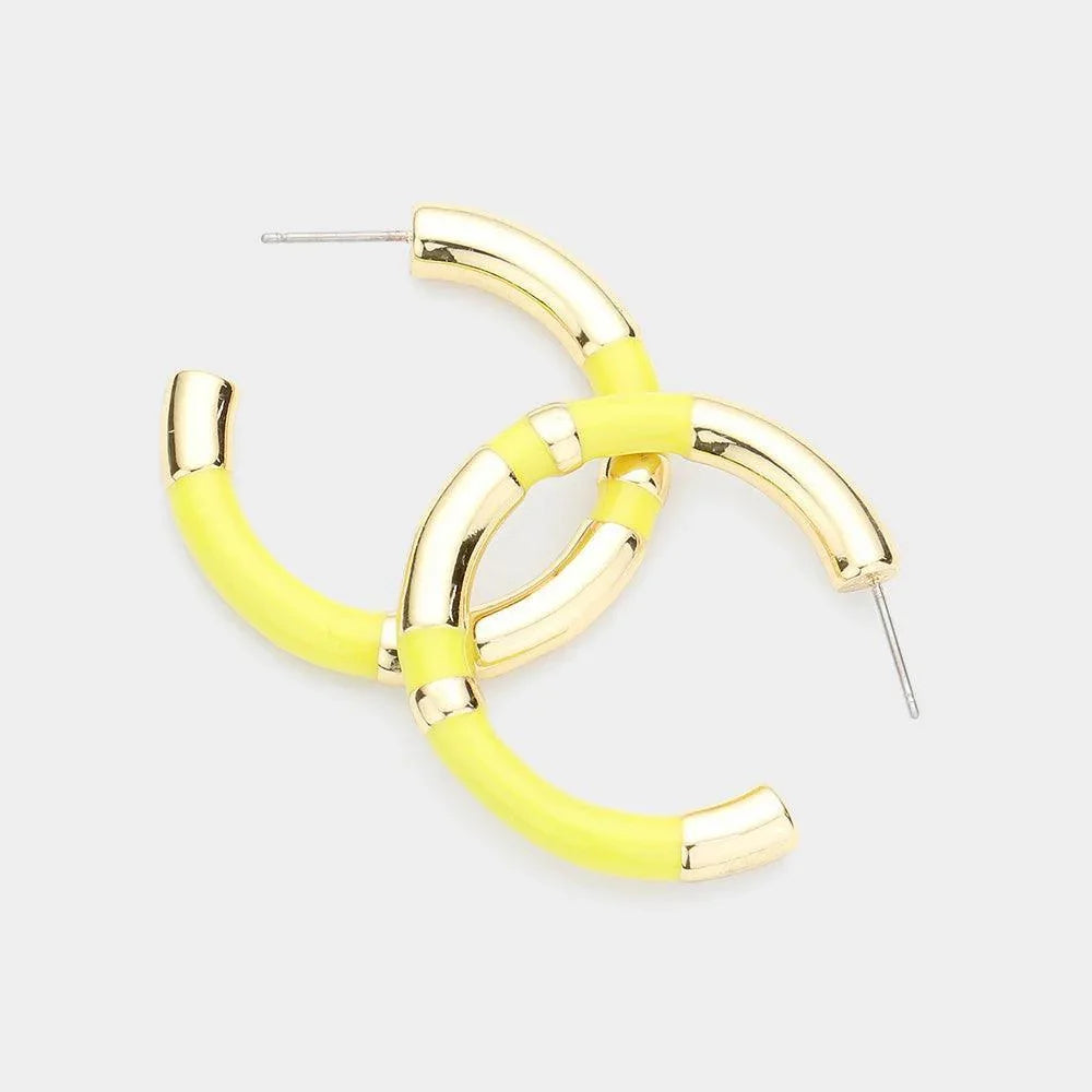 Yellow Enamel Detailed Metal Hoop Earrings - Jewelry Store by Erik Rayo