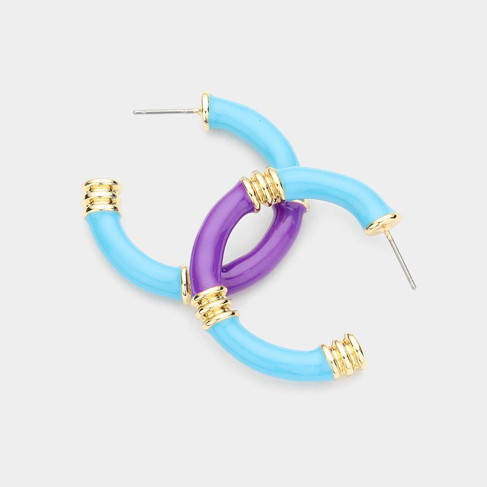 Turquoise Two Tone Enamel Metal Hoop Earrings