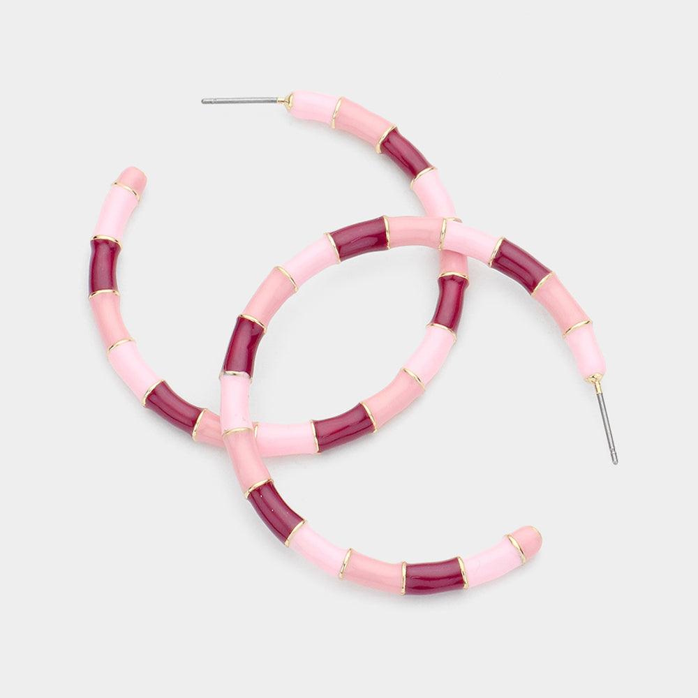 Pink Two Tone Enamel Metal Hoop Earrings