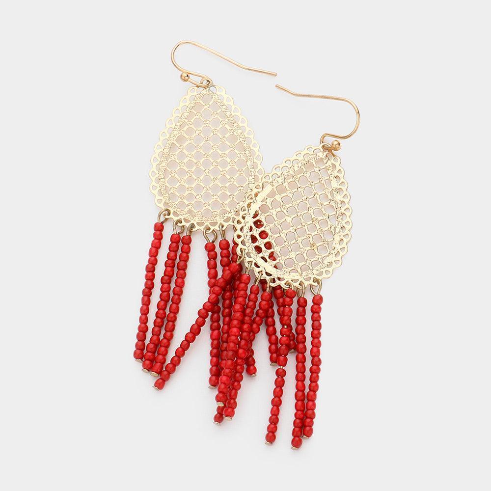 Burgundy Filigree Metal Teardrop Beaded Tassel Earrings - Jewelry Store by Erik Rayo