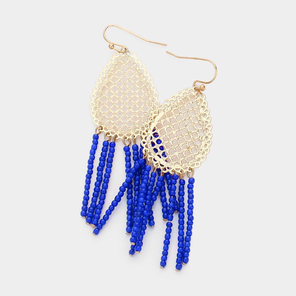 Filigree Metal Teardrop Beaded Tassel Earrings - Jewelry Store by Erik Rayo