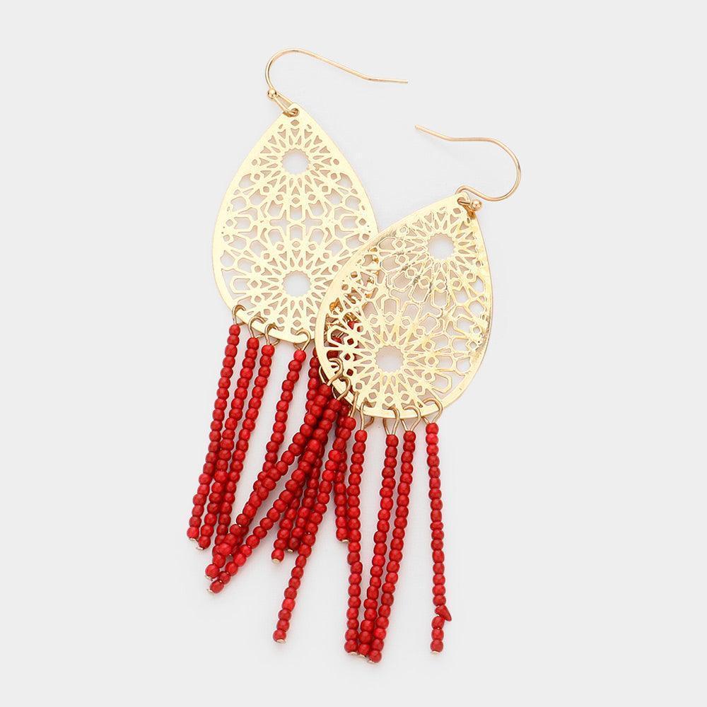 Burgundy Filigree Metal Teardrop Beaded Tassel Earrings - Jewelry Store by Erik Rayo