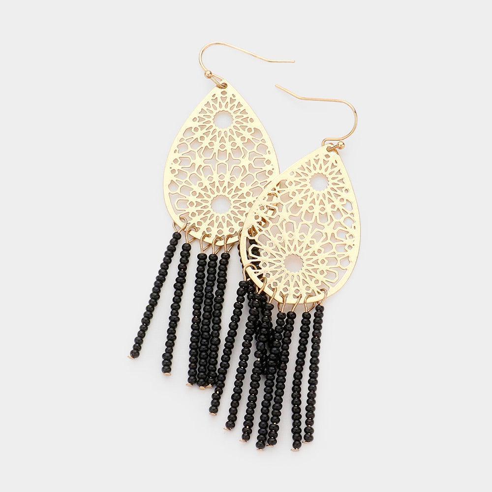 Black Filigree Metal Teardrop Beaded Tassel Earrings - Jewelry Store by Erik Rayo