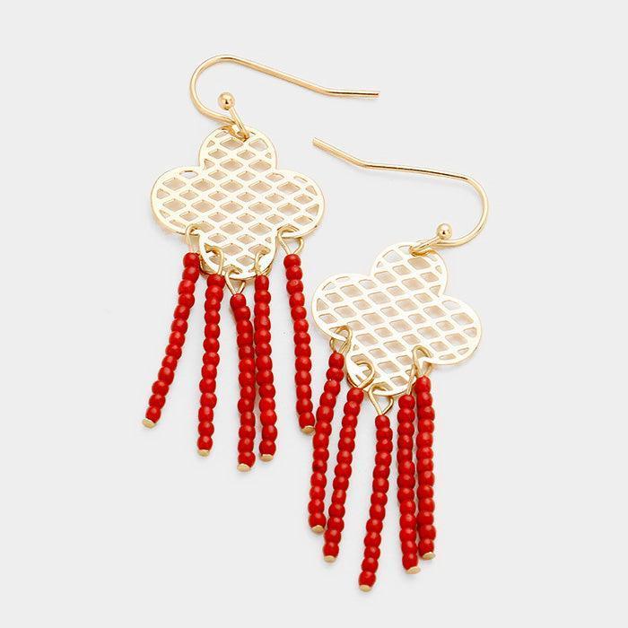 Gold Filigree Metal Quatrefoil Beaded Tassel Earrings - Jewelry Store by Erik Rayo
