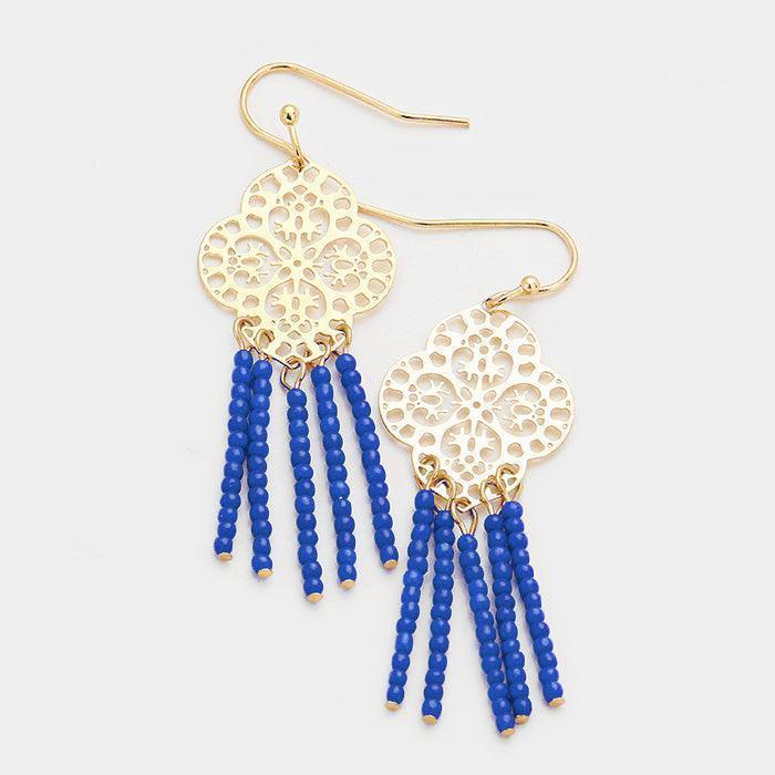 Gold Filigree Metal Quatrefoil Beaded Tassel Earrings - Jewelry Store by Erik Rayo