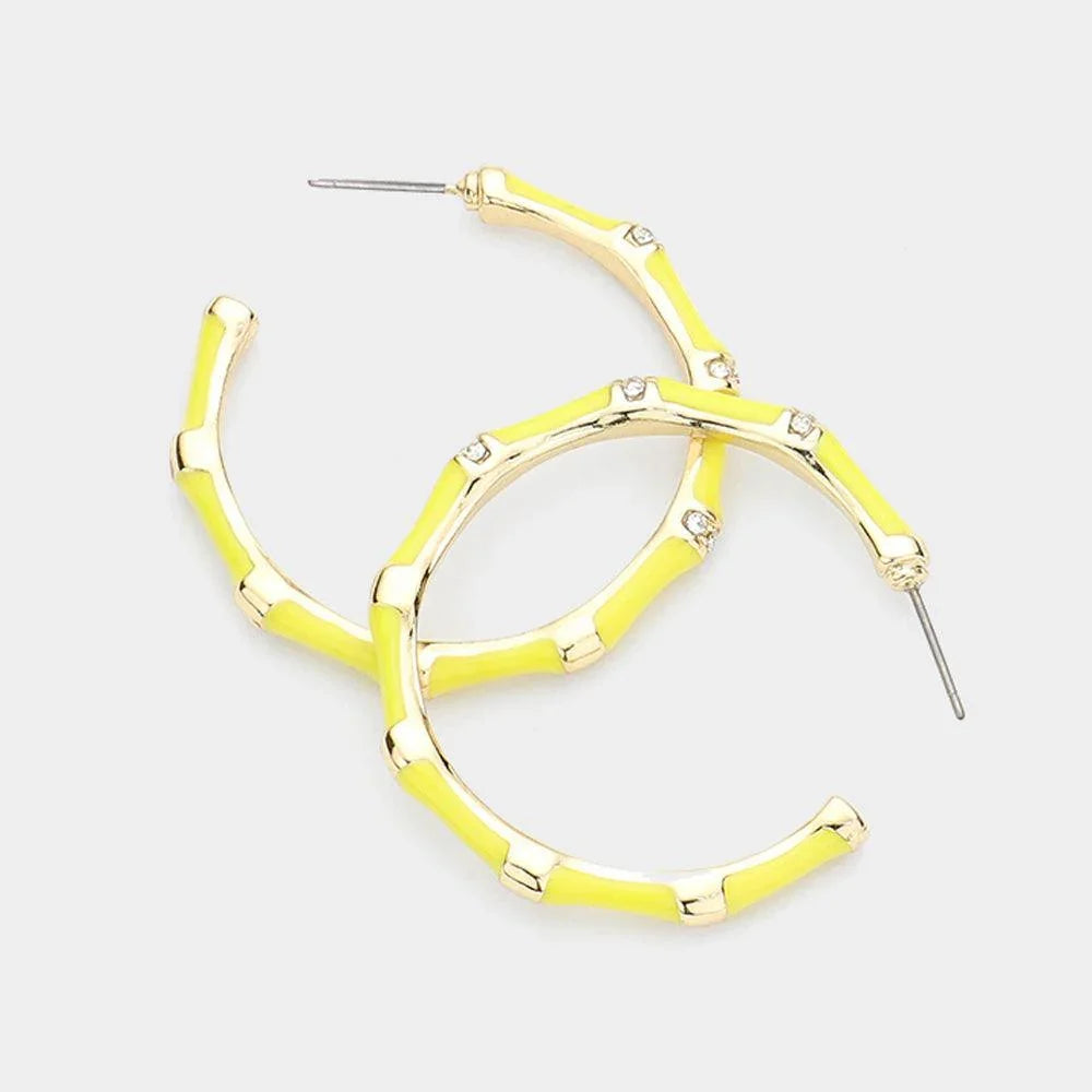Yellow Rhinestone Embellished Enamel Metal Hoop Earrings - Jewelry Store by Erik Rayo